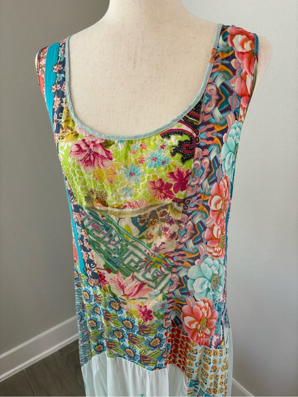 Johnny Was Silk Boho Patchwork Sleeveless Maxi Dress Summer Slip Floral Print - Picture 2 of 16